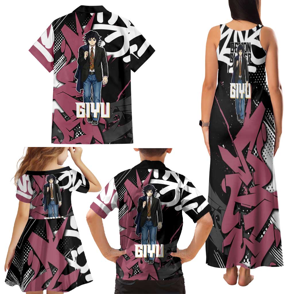 Giyu Tomioka Demon Slayer Family Matching Tank Maxi Dress and Hawaiian Shirt Red & Black Graffiti Anime