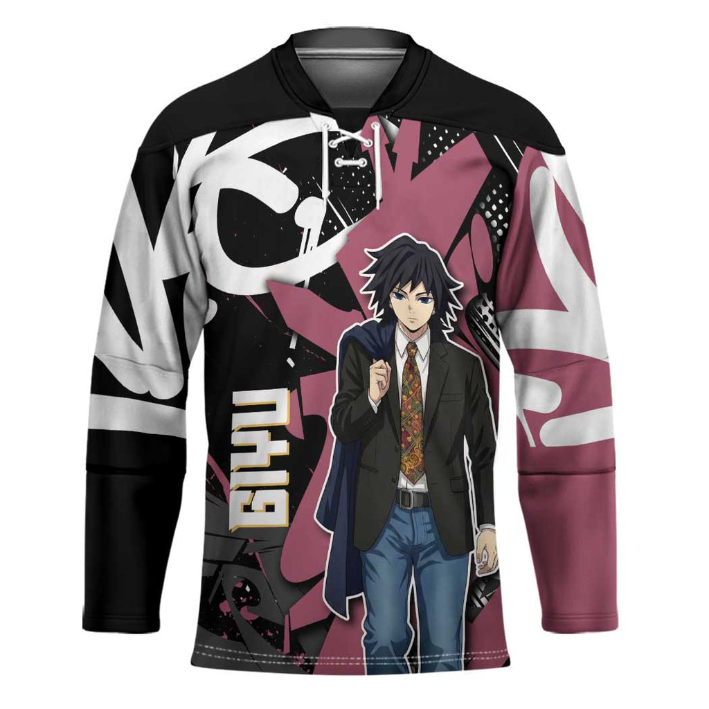 Giyu Tomioka Demon Slayer Hockey Jersey Red & Black Graffiti Anime
