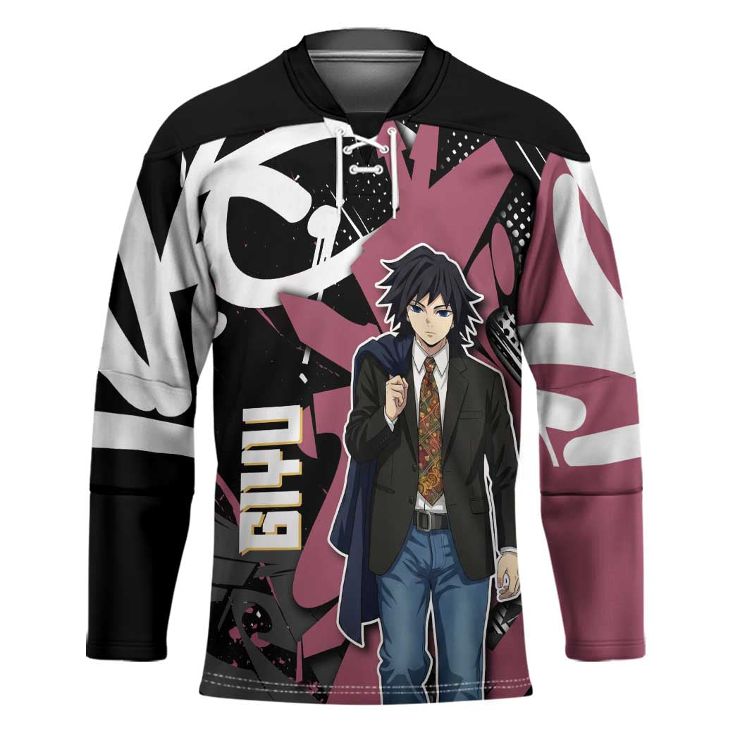Giyu Tomioka Demon Slayer Hockey Jersey Red & Black Graffiti Anime