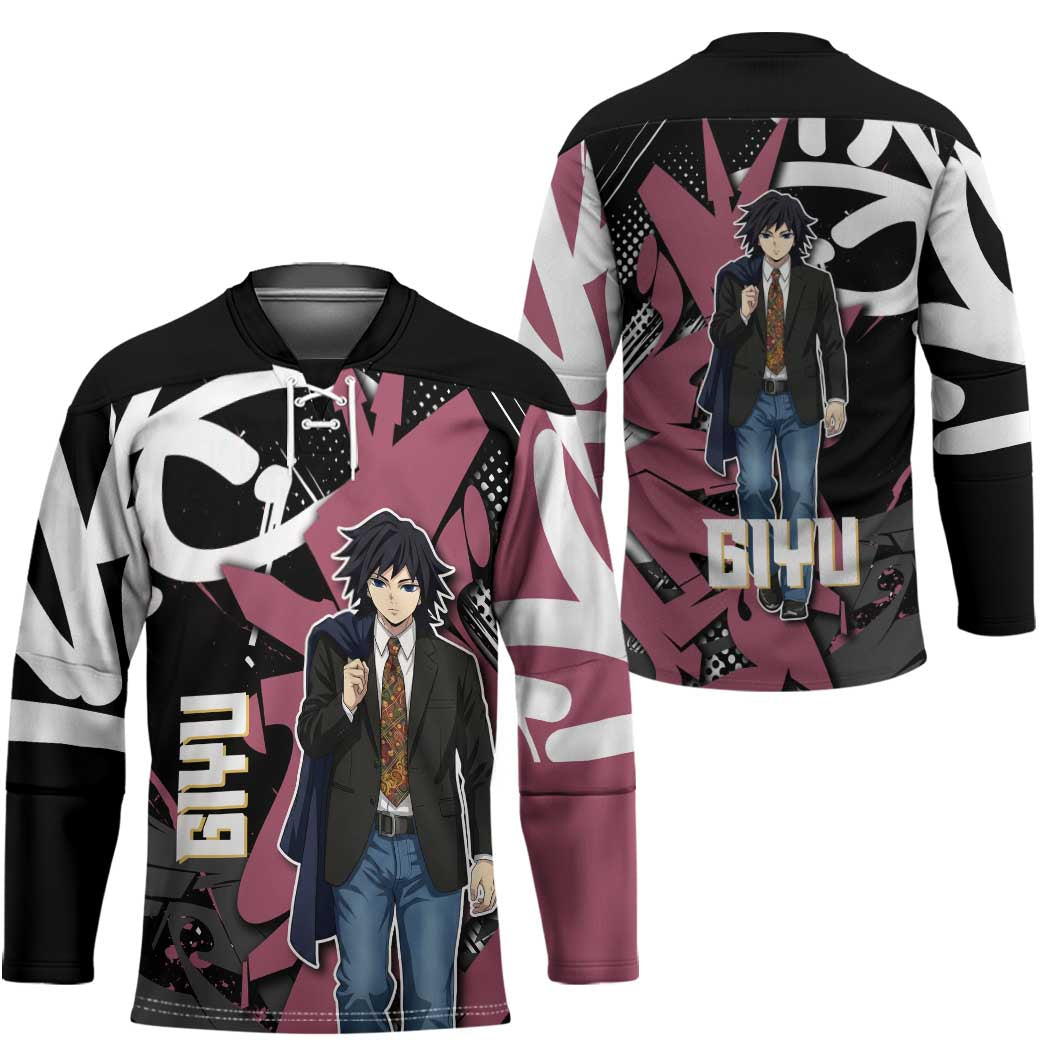 Giyu Tomioka Demon Slayer Hockey Jersey Red & Black Graffiti Anime