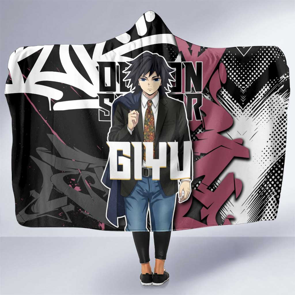 Giyu Tomioka Demon Slayer Hooded Blanket Red & Black Graffiti Anime