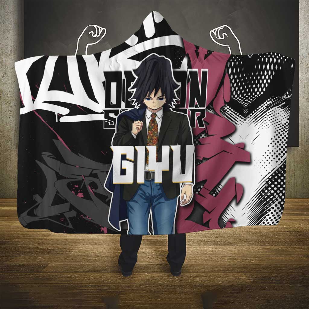 Giyu Tomioka Demon Slayer Hooded Blanket Red & Black Graffiti Anime