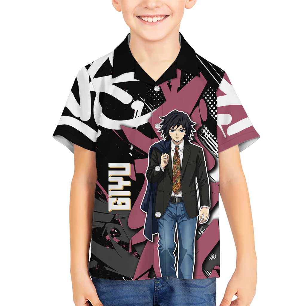 Giyu Tomioka Demon Slayer Kid Hawaiian Shirt Red & Black Graffiti Anime