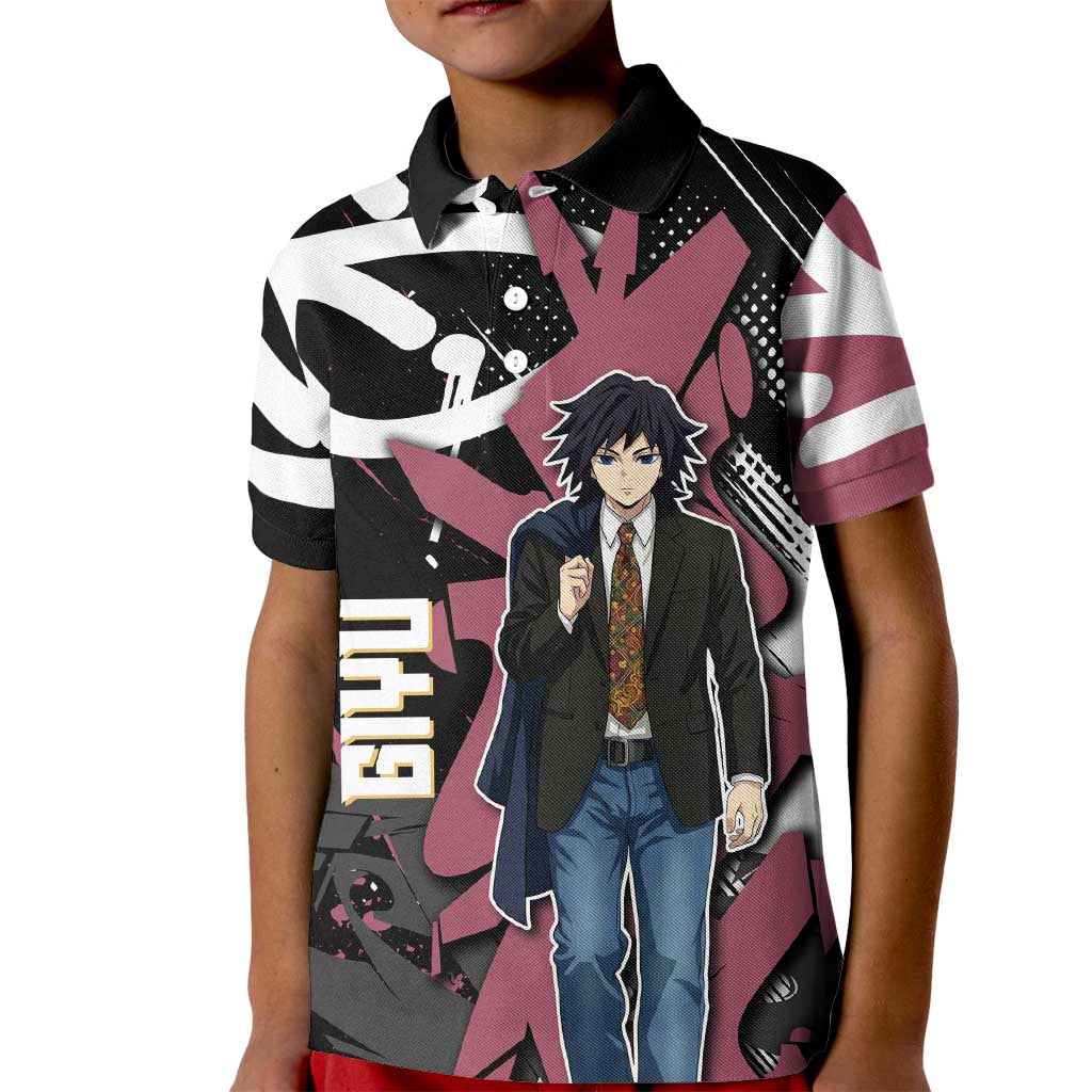 Giyu Tomioka Demon Slayer Kid Polo Shirt Red & Black Graffiti Anime