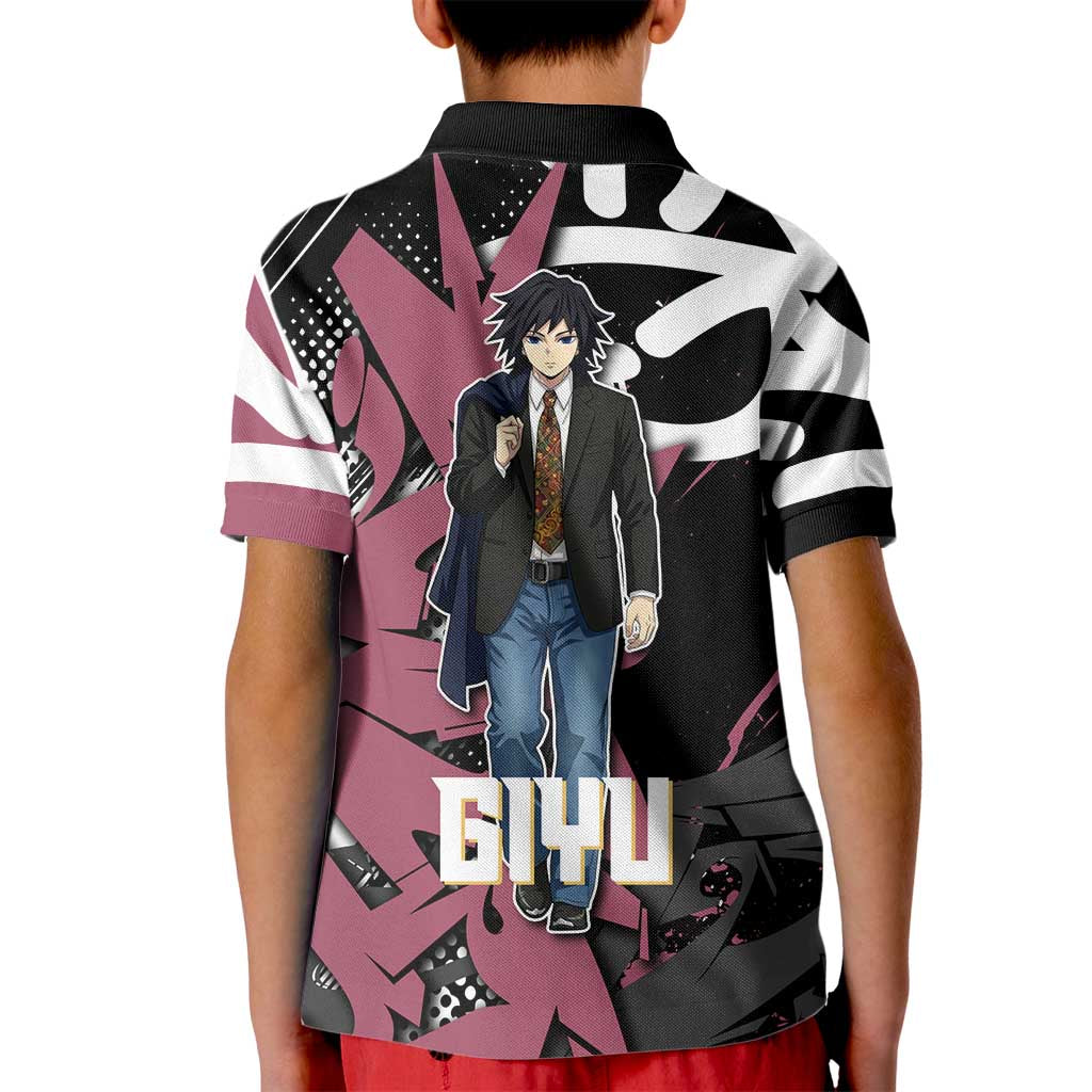 Giyu Tomioka Demon Slayer Kid Polo Shirt Red & Black Graffiti Anime