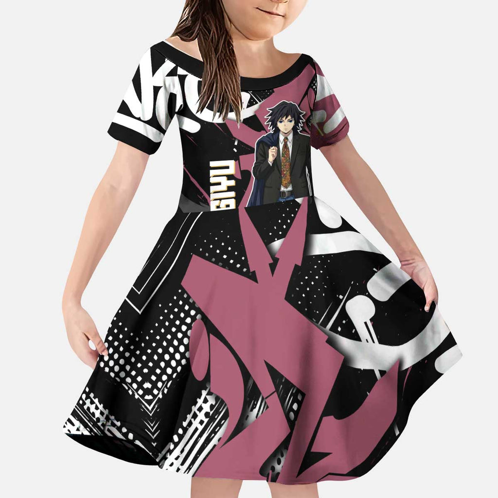 Giyu Tomioka Demon Slayer Kid Short Sleeve Dress Red & Black Graffiti Anime