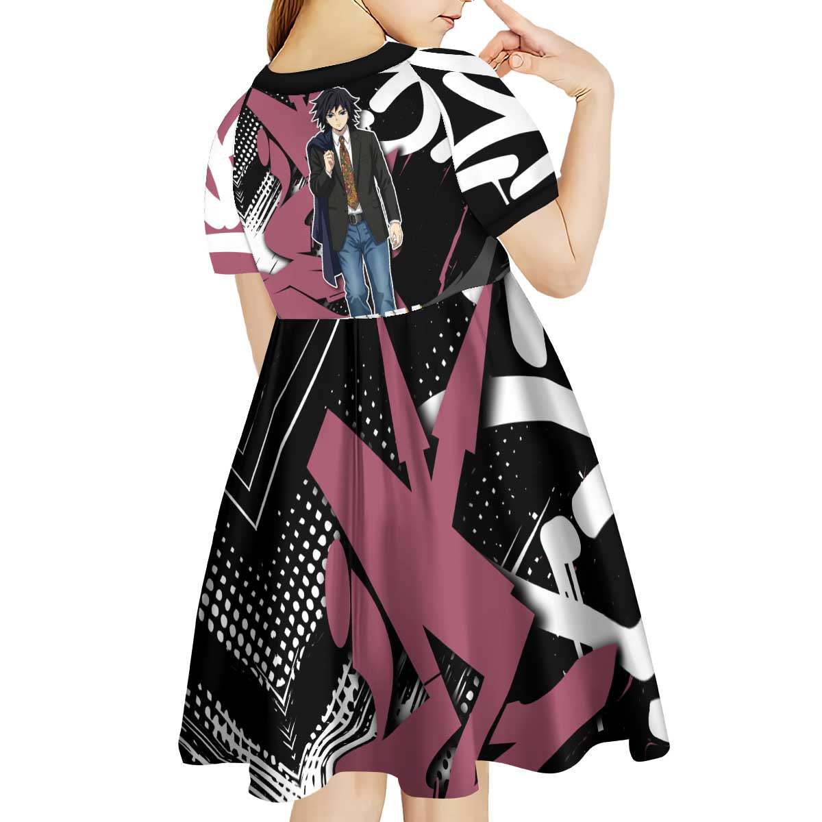 Giyu Tomioka Demon Slayer Kid Short Sleeve Dress Red & Black Graffiti Anime