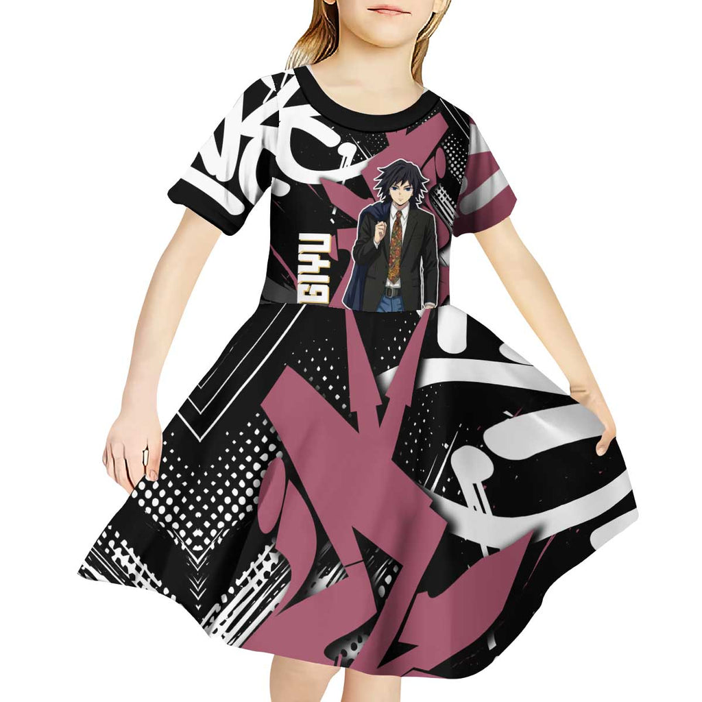 Giyu Tomioka Demon Slayer Kid Short Sleeve Dress Red & Black Graffiti Anime