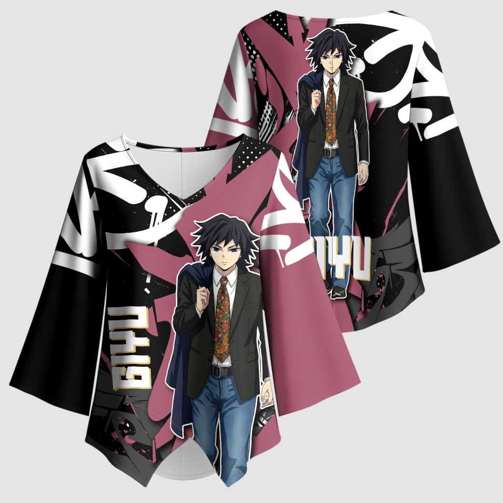 Giyu Tomioka Demon Slayer Kimono Sleeve Blouse Red & Black Graffiti Anime