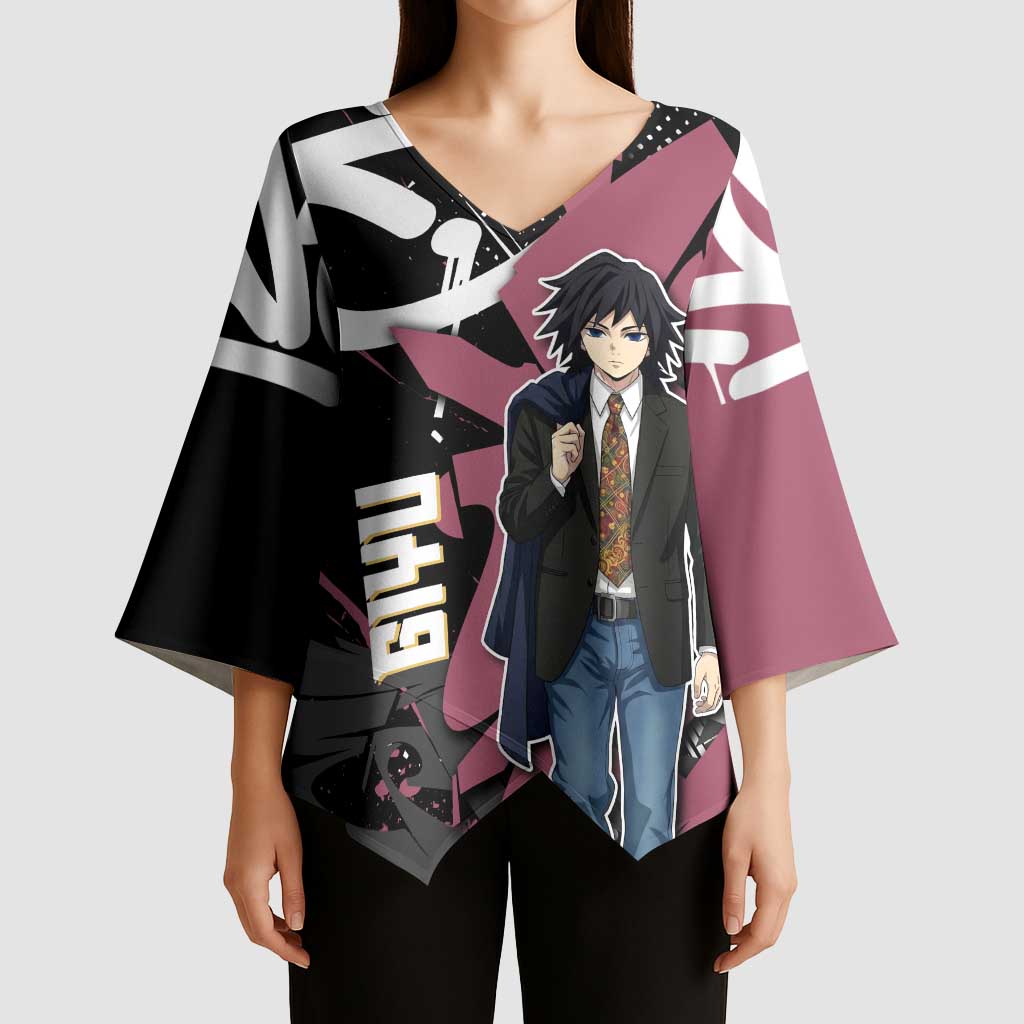 Giyu Tomioka Demon Slayer Kimono Sleeve Blouse Red & Black Graffiti Anime