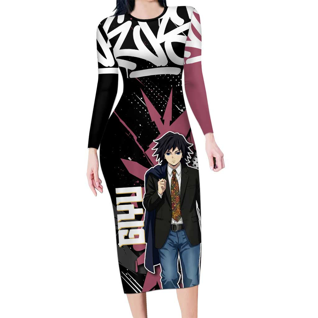 Giyu Tomioka Demon Slayer Long Sleeve Bodycon Dress Red & Black Graffiti Anime