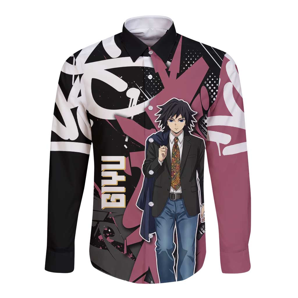 Giyu Tomioka Demon Slayer Long Sleeve Button Shirt Red & Black Graffiti Anime