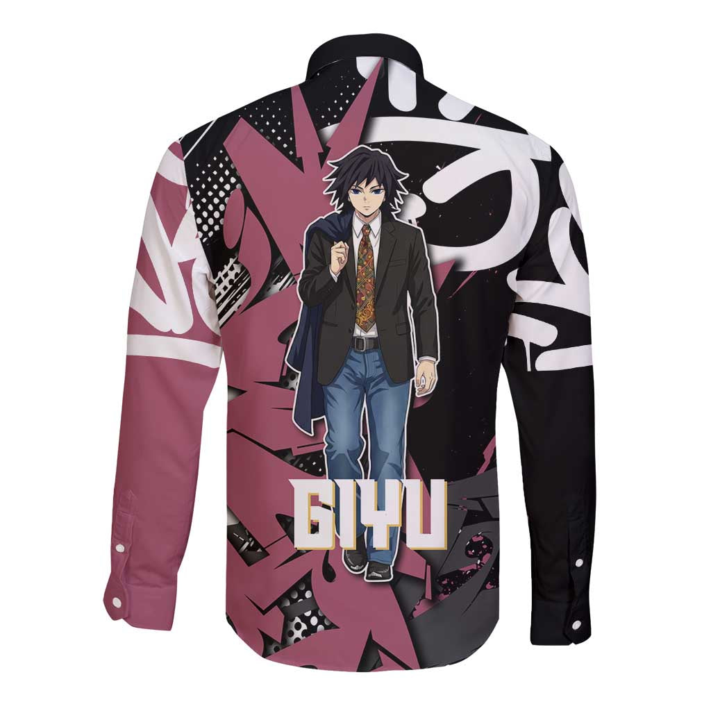 Giyu Tomioka Demon Slayer Long Sleeve Button Shirt Red & Black Graffiti Anime