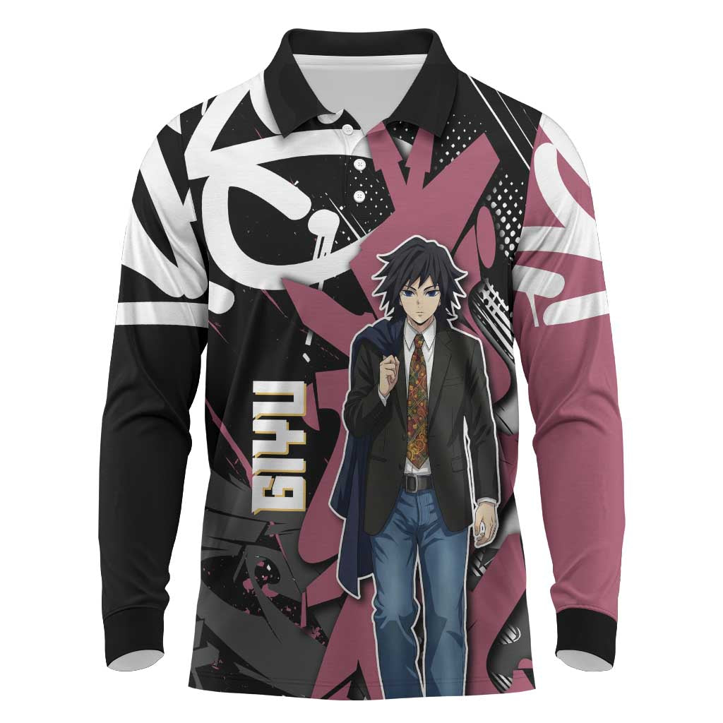 Giyu Tomioka Demon Slayer Long Sleeve Polo Shirt Red & Black Graffiti Anime