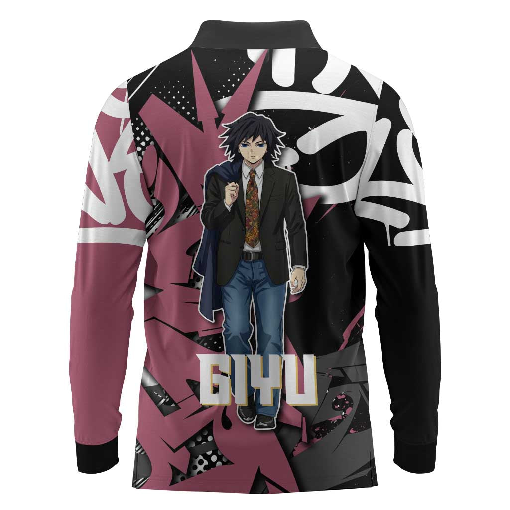 Giyu Tomioka Demon Slayer Long Sleeve Polo Shirt Red & Black Graffiti Anime