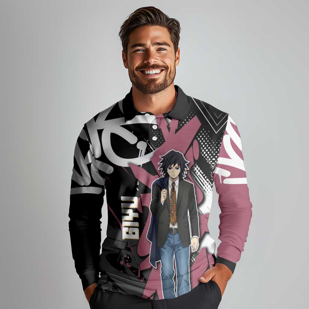 Giyu Tomioka Demon Slayer Long Sleeve Polo Shirt Red & Black Graffiti Anime