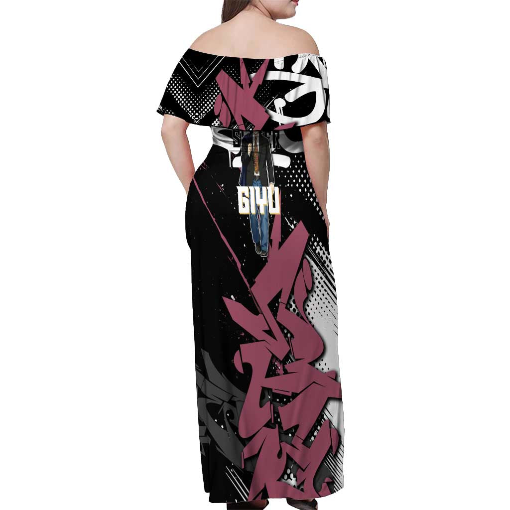 Giyu Tomioka Demon Slayer Off Shoulder Maxi Dress Red & Black Graffiti Anime
