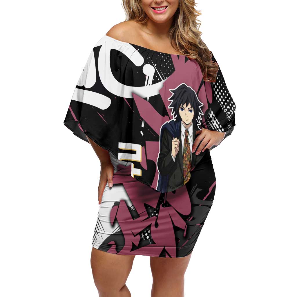 Giyu Tomioka Demon Slayer Off Shoulder Short Dress Red & Black Graffiti Anime