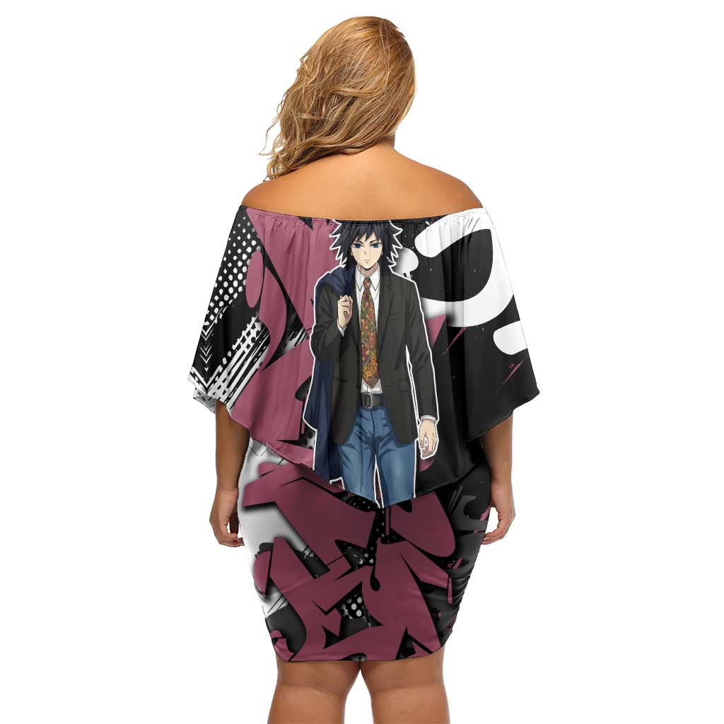 Giyu Tomioka Demon Slayer Off Shoulder Short Dress Red & Black Graffiti Anime