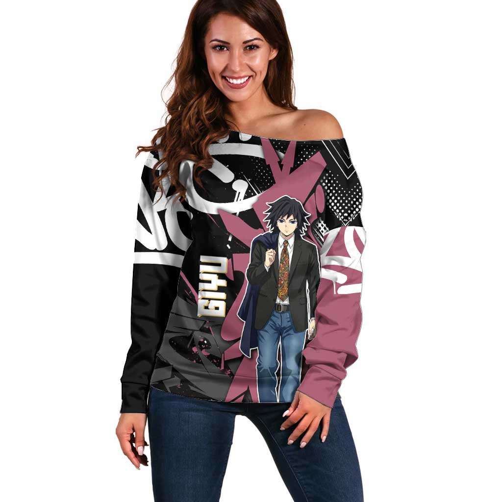 Giyu Tomioka Demon Slayer Off Shoulder Sweater Red & Black Graffiti Anime