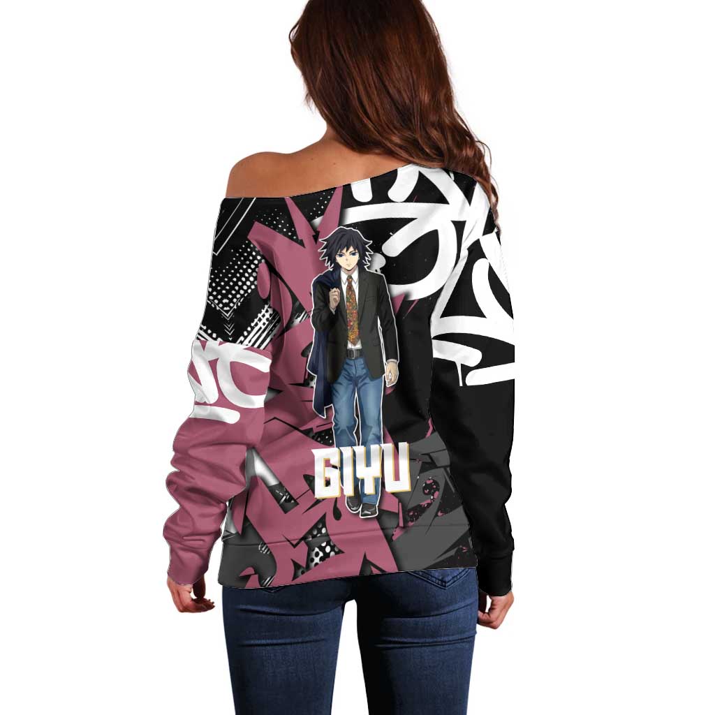 Giyu Tomioka Demon Slayer Off Shoulder Sweater Red & Black Graffiti Anime