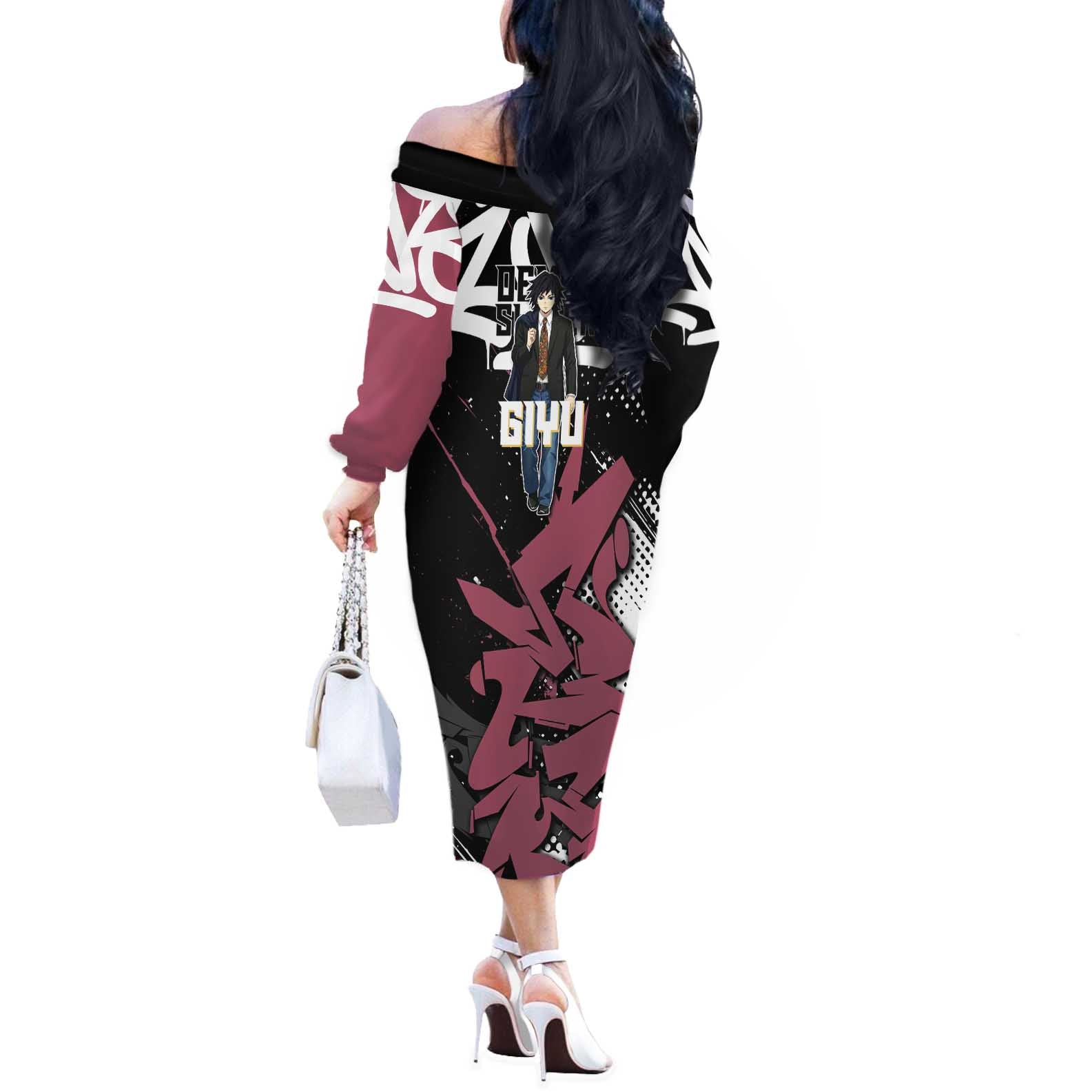 Giyu Tomioka Demon Slayer Off The Shoulder Long Sleeve Dress Red & Black Graffiti Anime