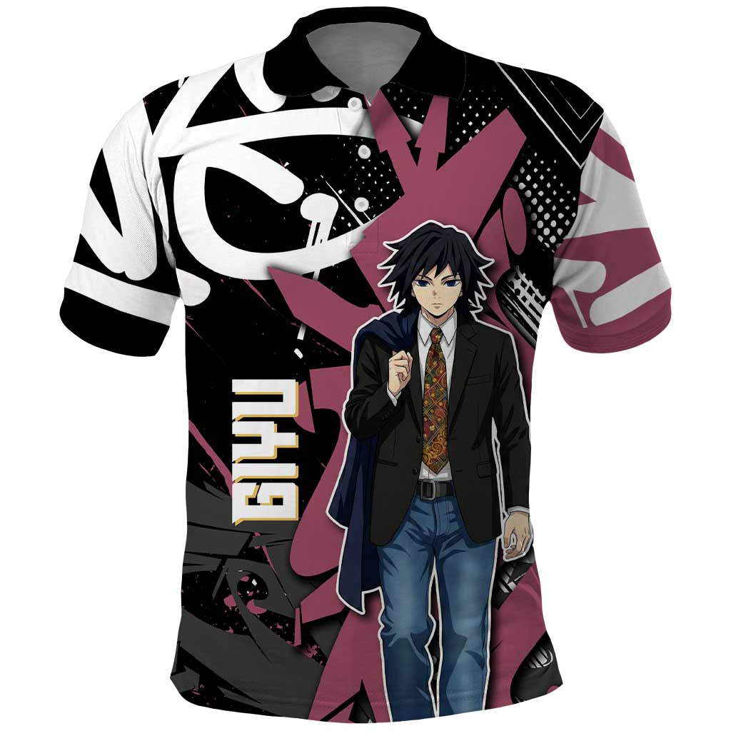 Giyu Tomioka Demon Slayer Polo Shirt Red & Black Graffiti Anime