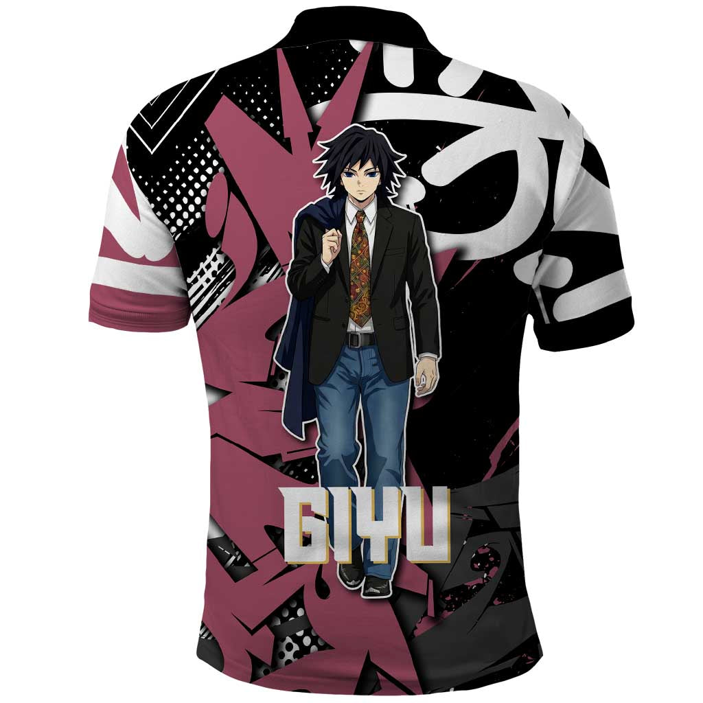 Giyu Tomioka Demon Slayer Polo Shirt Red & Black Graffiti Anime
