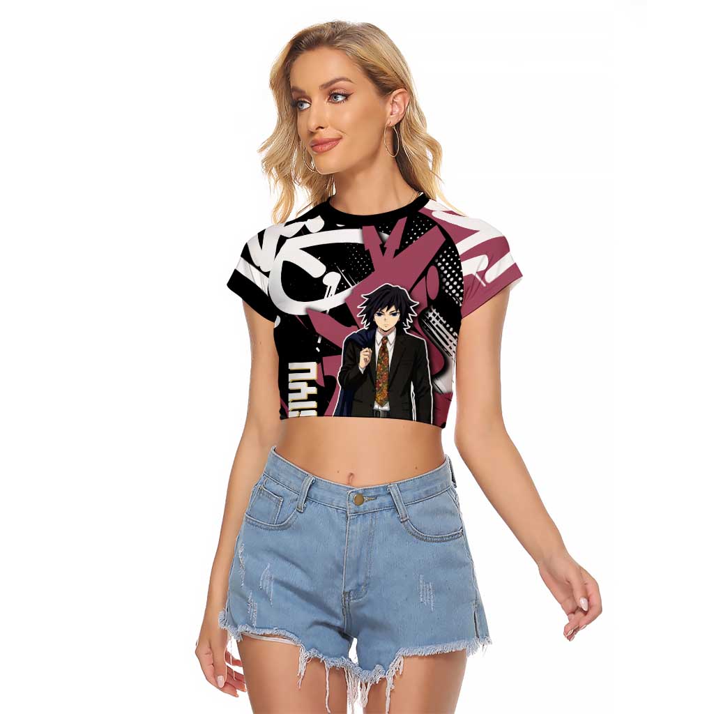 Giyu Tomioka Demon Slayer Raglan Cropped T Shirt Red & Black Graffiti Anime