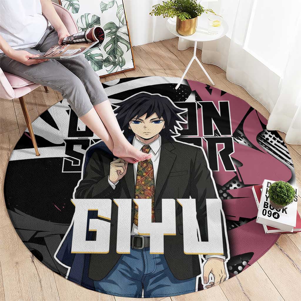 Giyu Tomioka Demon Slayer Round Carpet Red & Black Graffiti Anime