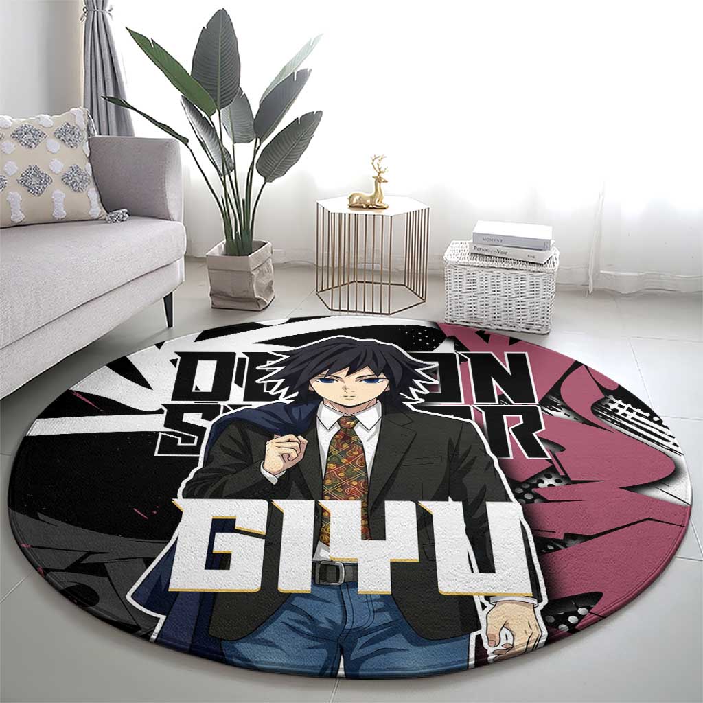 Giyu Tomioka Demon Slayer Round Carpet Red & Black Graffiti Anime
