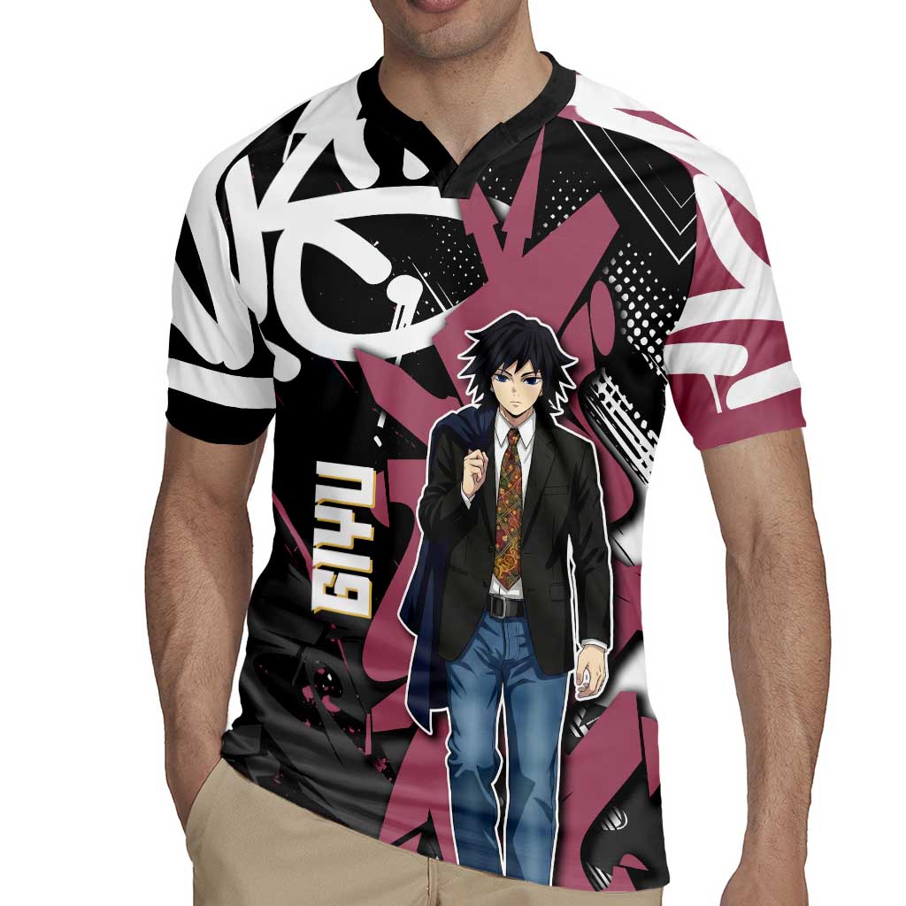 Giyu Tomioka Demon Slayer Rugby Jersey Red & Black Graffiti Anime