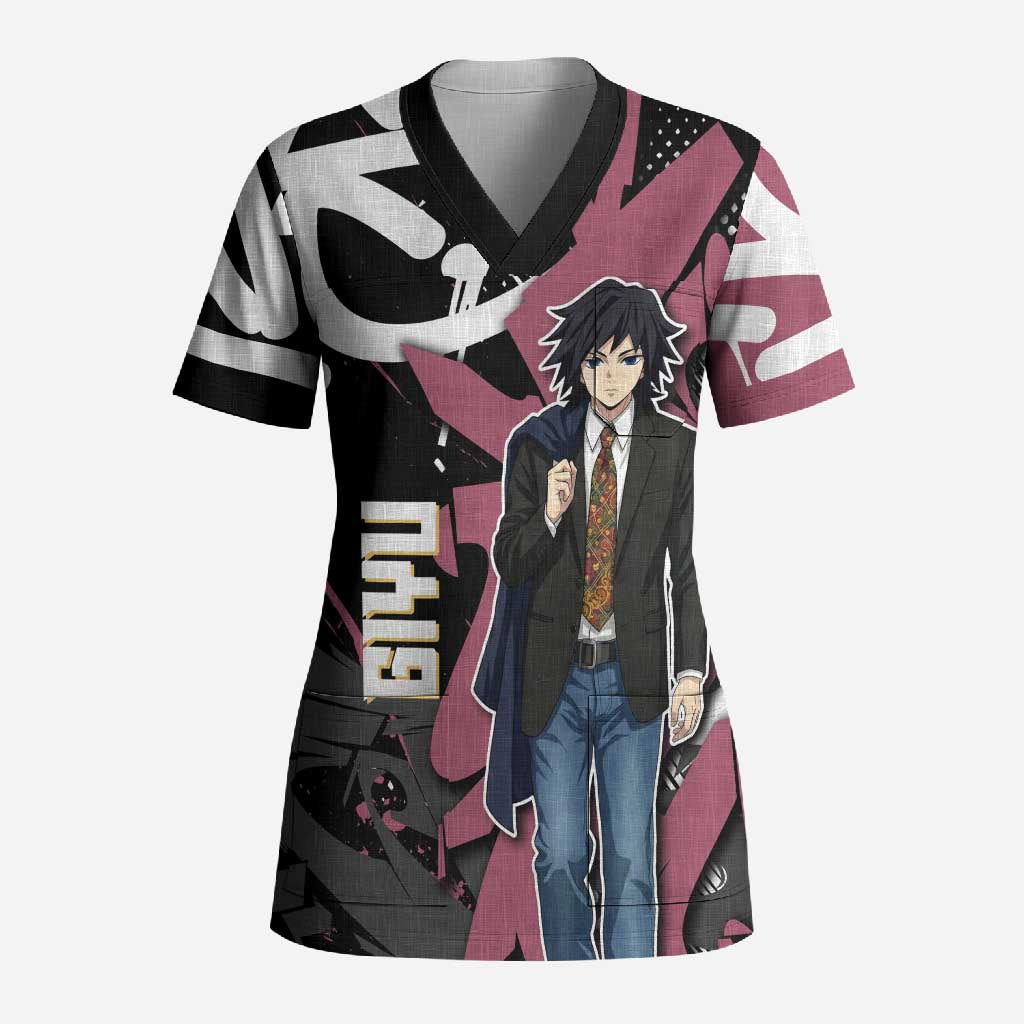 Giyu Tomioka Demon Slayer Scrub Top Red & Black Graffiti Anime