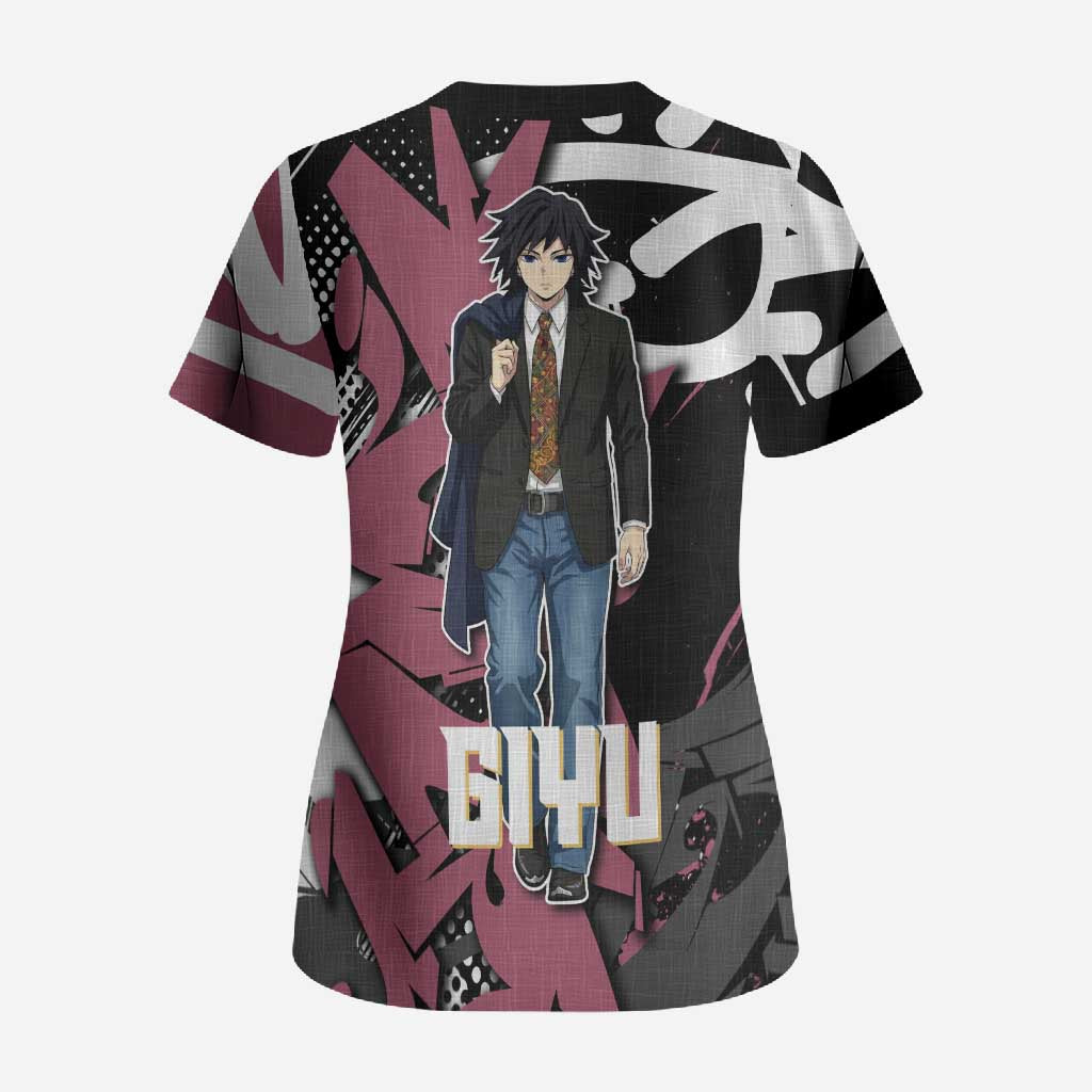 Giyu Tomioka Demon Slayer Scrub Top Red & Black Graffiti Anime