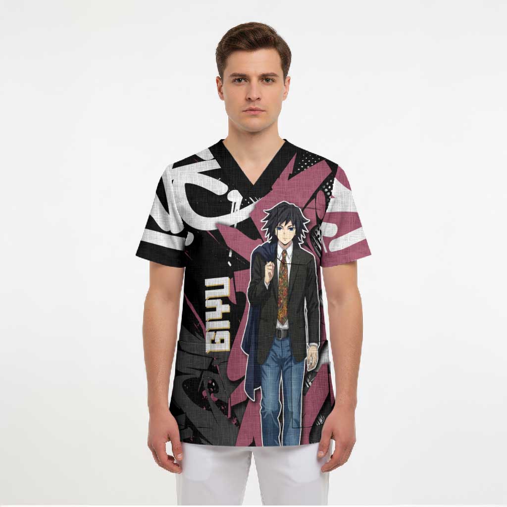 Giyu Tomioka Demon Slayer Scrub Top Red & Black Graffiti Anime