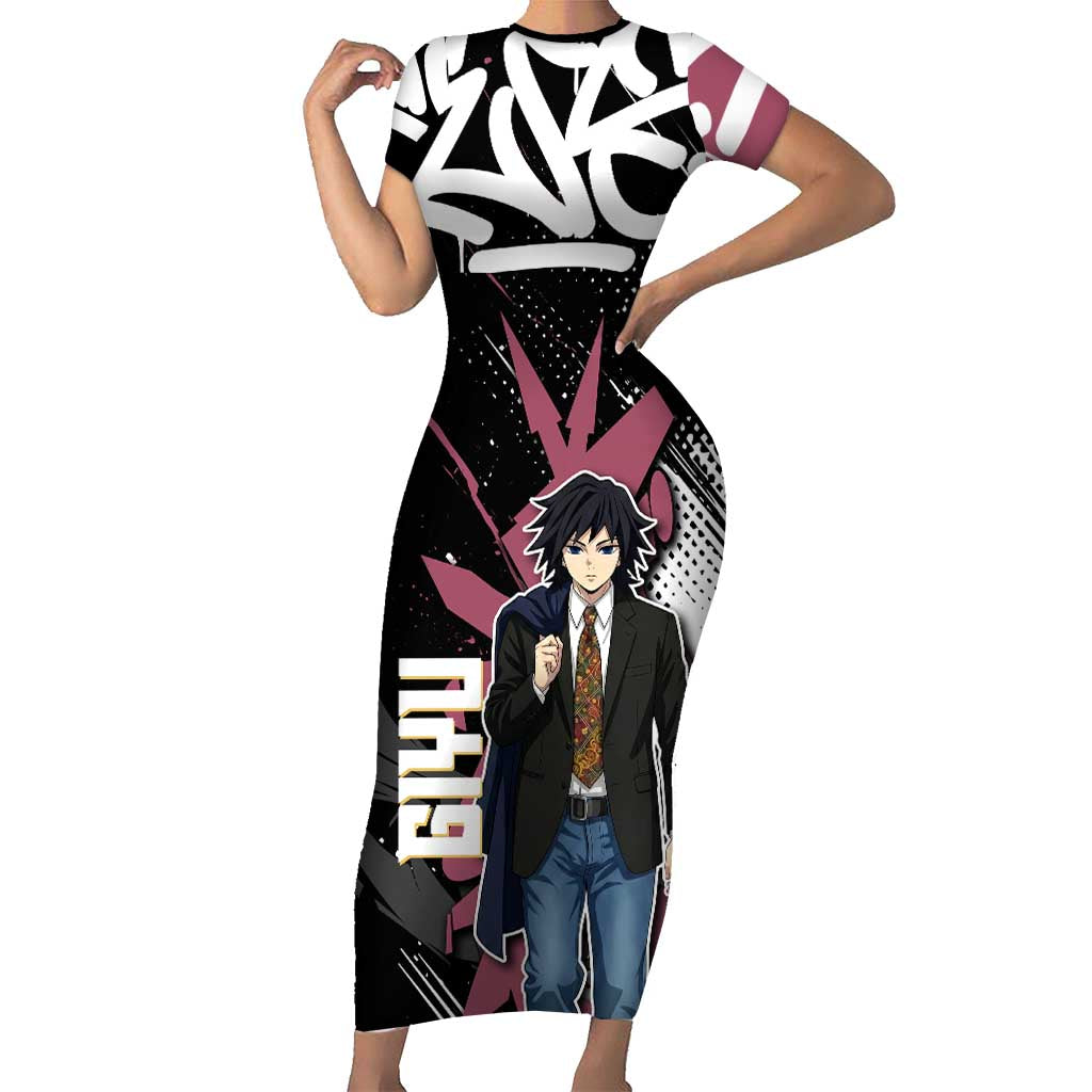 Giyu Tomioka Demon Slayer Short Sleeve Bodycon Dress Red & Black Graffiti Anime