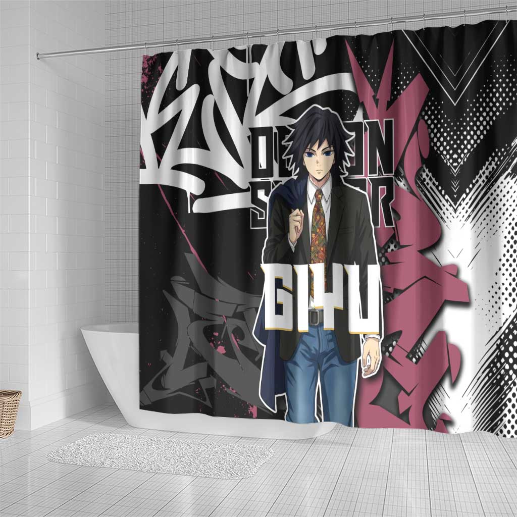 Giyu Tomioka Demon Slayer Shower Curtain Red & Black Graffiti Anime