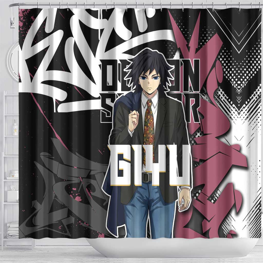 Giyu Tomioka Demon Slayer Shower Curtain Red & Black Graffiti Anime