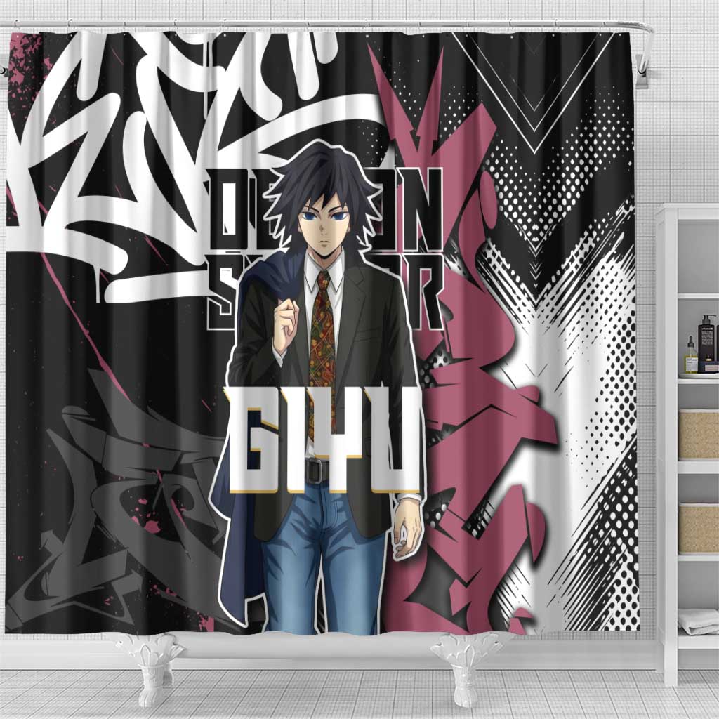 Giyu Tomioka Demon Slayer Shower Curtain Red & Black Graffiti Anime
