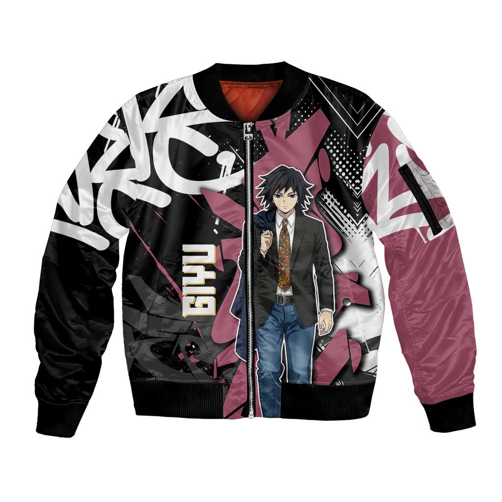 Giyu Tomioka Demon Slayer Sleeve Zip Bomber Jacket Red & Black Graffiti Anime