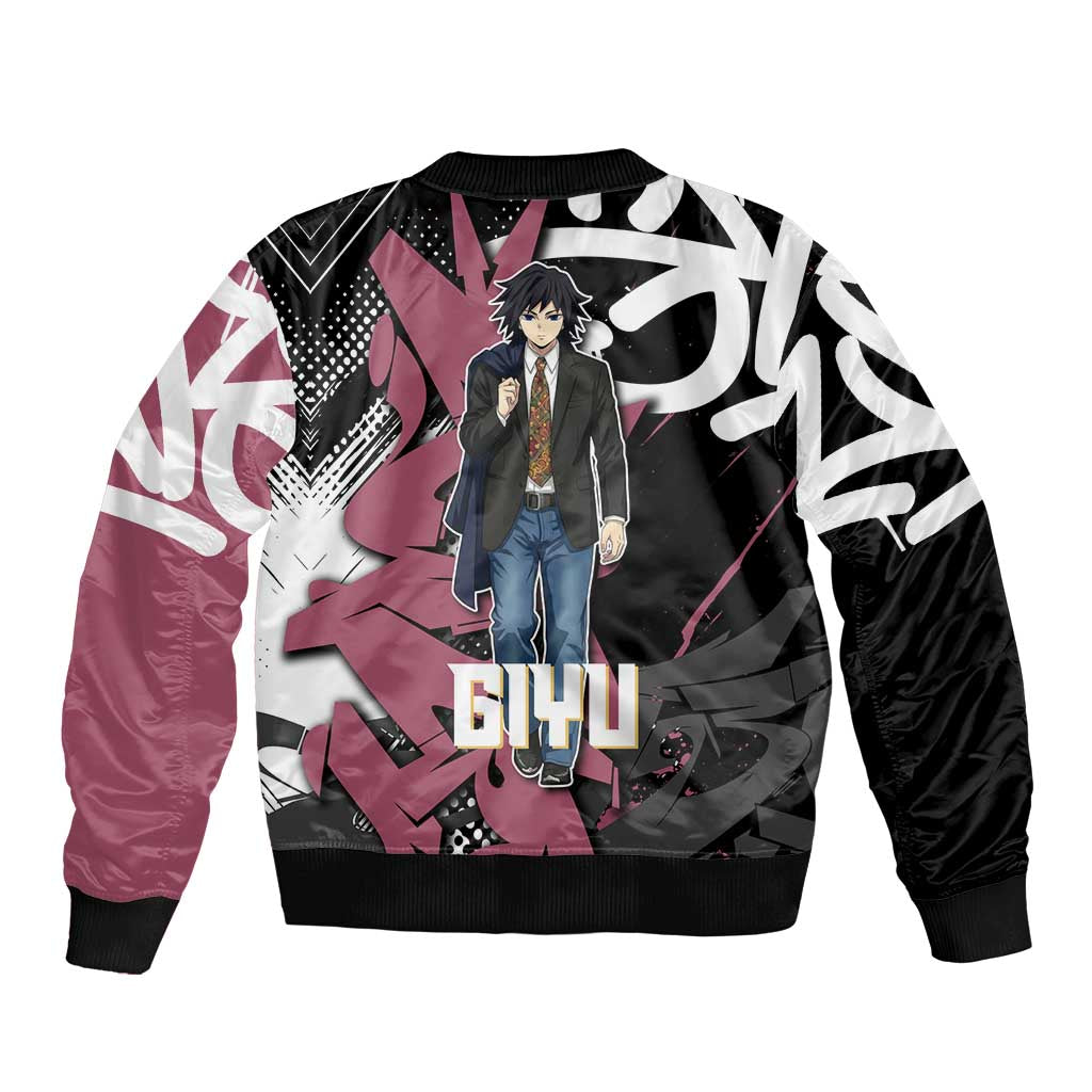 Giyu Tomioka Demon Slayer Sleeve Zip Bomber Jacket Red & Black Graffiti Anime