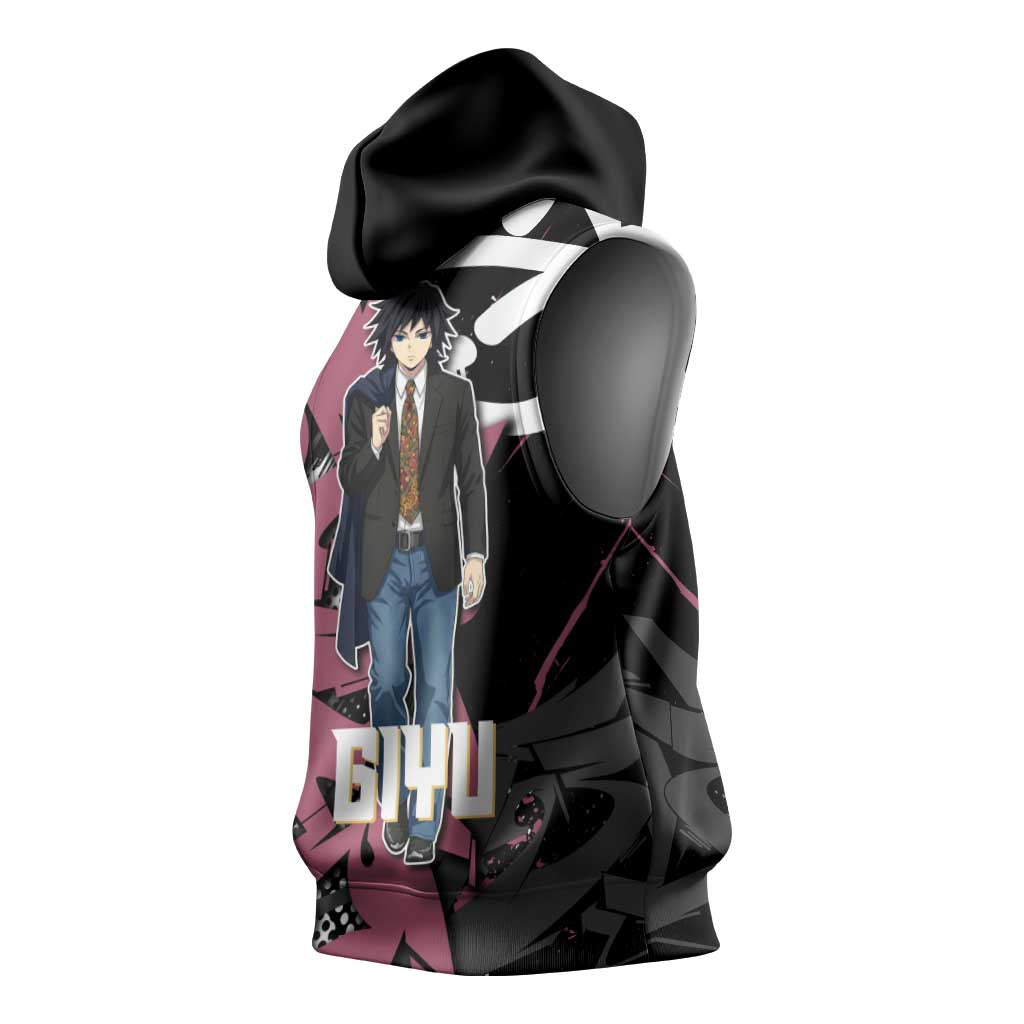 Giyu Tomioka Demon Slayer Sleeveless Hoodie Red & Black Graffiti Anime
