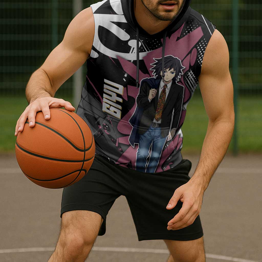Giyu Tomioka Demon Slayer Sleeveless Hoodie Red & Black Graffiti Anime
