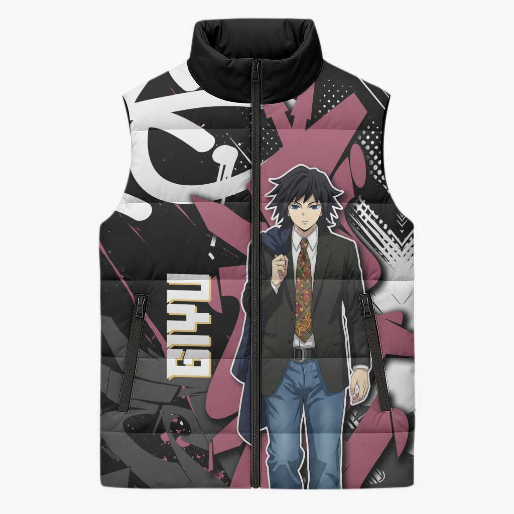 Giyu Tomioka Demon Slayer Sleeveless Puffer Jacket Red & Black Graffiti Anime