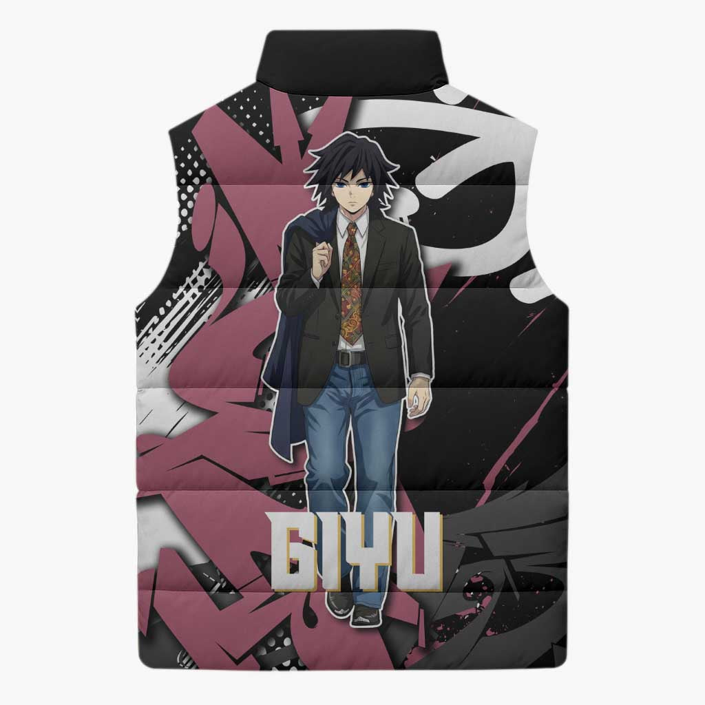 Giyu Tomioka Demon Slayer Sleeveless Puffer Jacket Red & Black Graffiti Anime