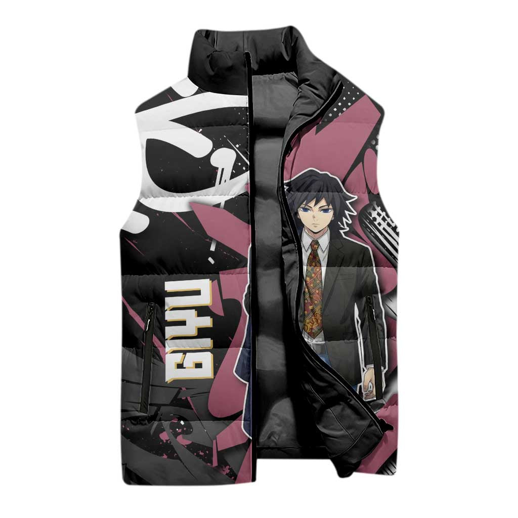 Giyu Tomioka Demon Slayer Sleeveless Puffer Jacket Red & Black Graffiti Anime