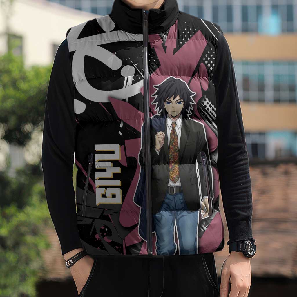 Giyu Tomioka Demon Slayer Sleeveless Puffer Jacket Red & Black Graffiti Anime