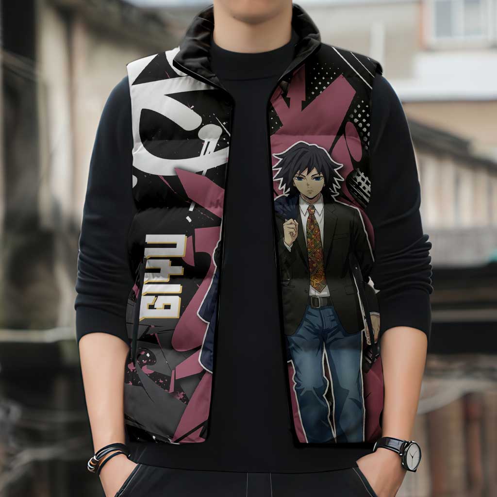 Giyu Tomioka Demon Slayer Sleeveless Puffer Jacket Red & Black Graffiti Anime