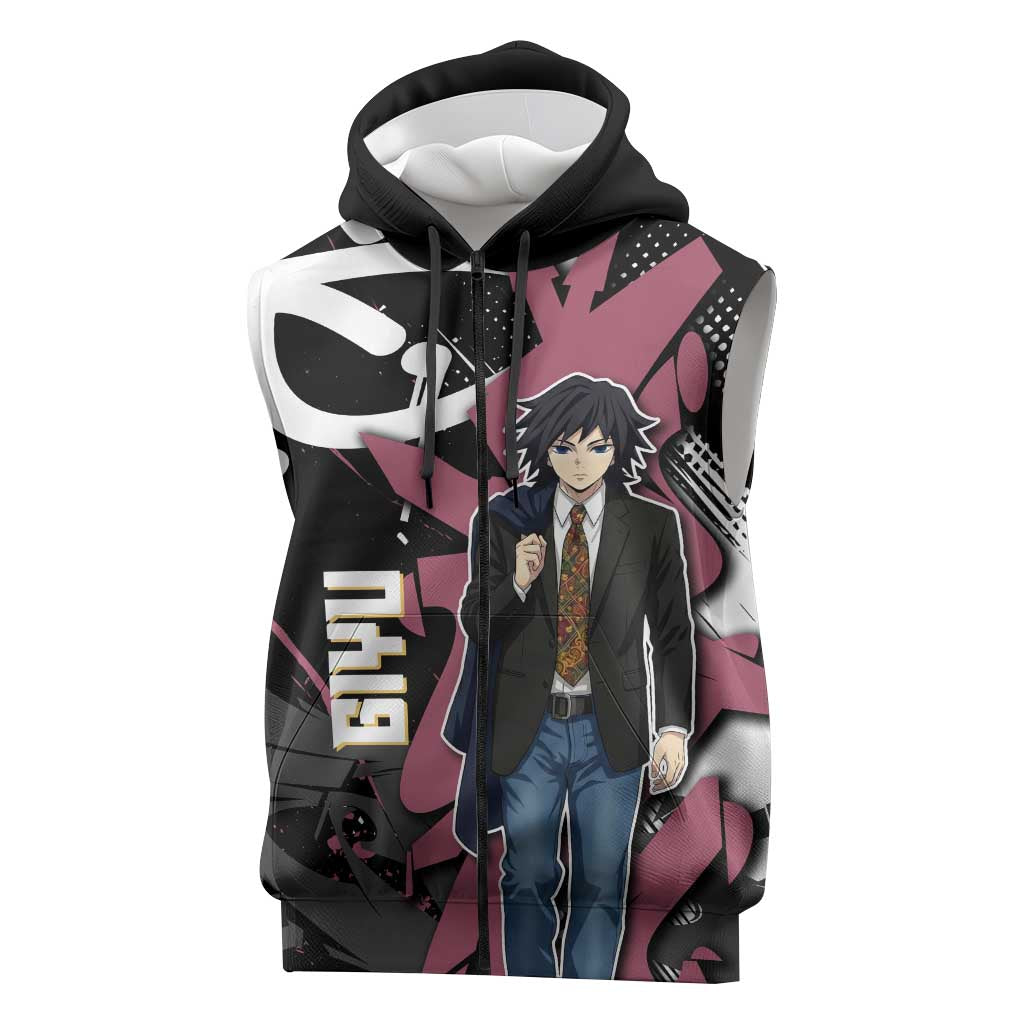 Giyu Tomioka Demon Slayer Sleeveless Zip Hoodie Red & Black Graffiti Anime