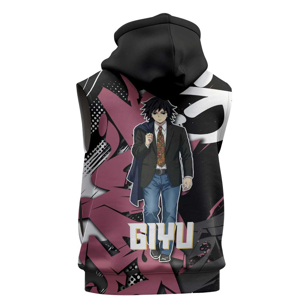 Giyu Tomioka Demon Slayer Sleeveless Zip Hoodie Red & Black Graffiti Anime